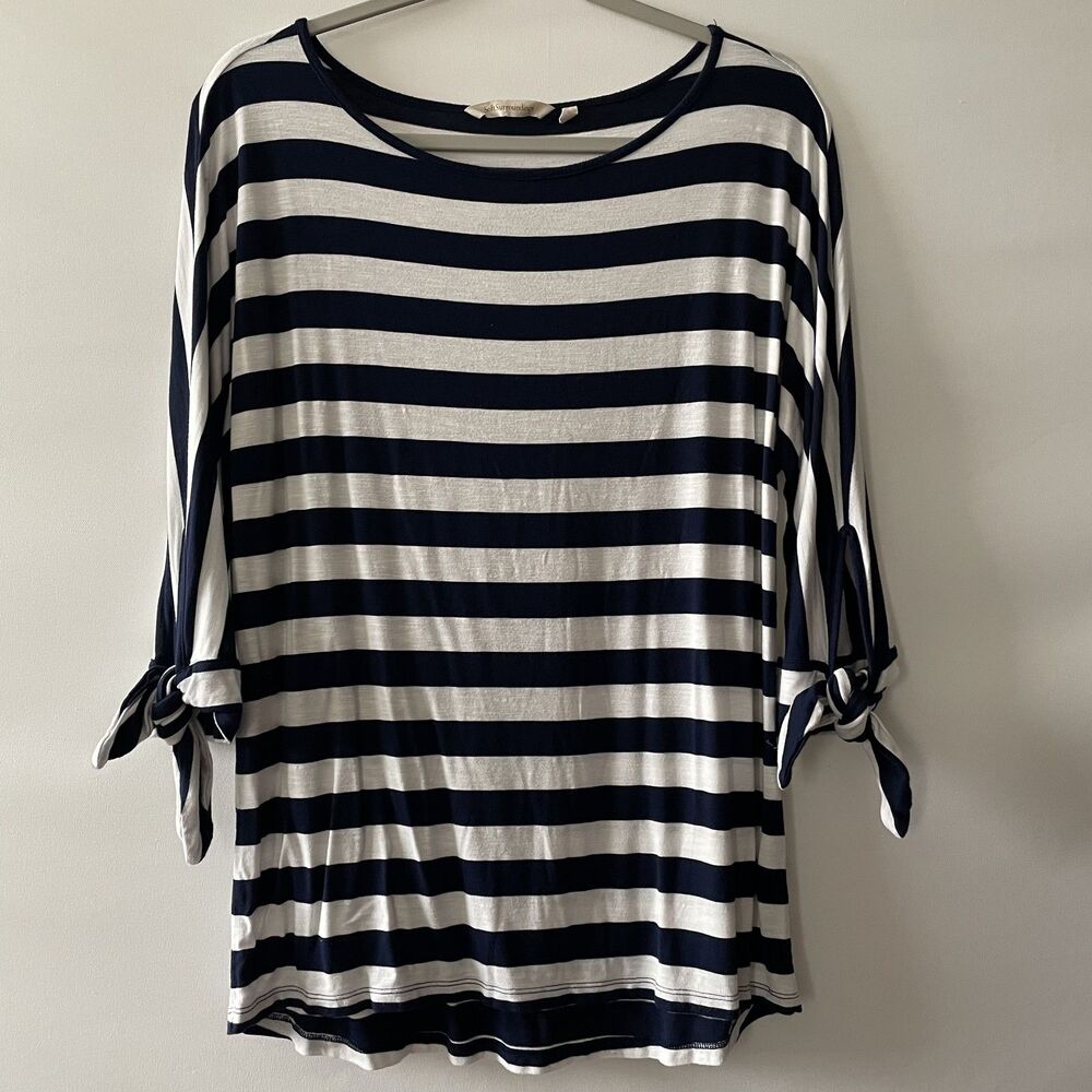 Soft Surroundings Striped Knit Top Navy White Tie 3/4 Sleeves Size S Small